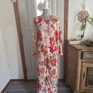 Floral Long Sleeve Maxi Dress in Red, Orange & Green